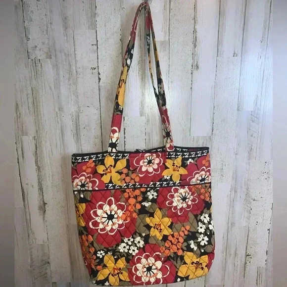 Vera Bradley Quilted Tote Bag Orange Red Floral Pattern - Picture 9 of 14